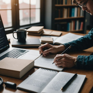 Student writing thesis with books and laptop