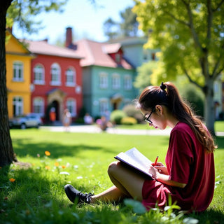 Estudante estudando em um ambiente universitário vibrante.