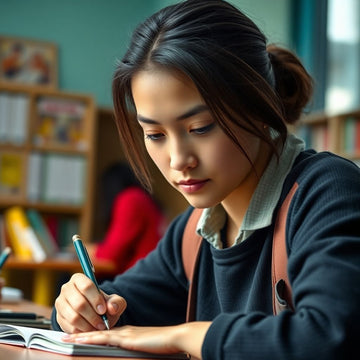 University student writing in a colorful study environment.