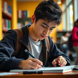 University student writing in a vibrant, colorful setting.