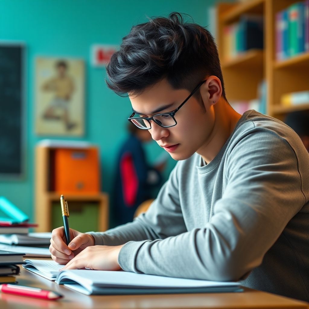 University student writing at a desk in colorful setting.