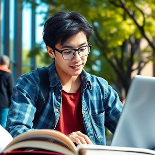 University student in a vibrant campus setting with books.