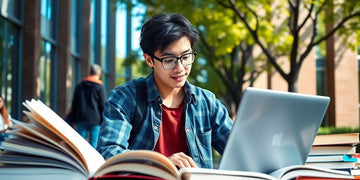 University student in a vibrant campus setting with books.