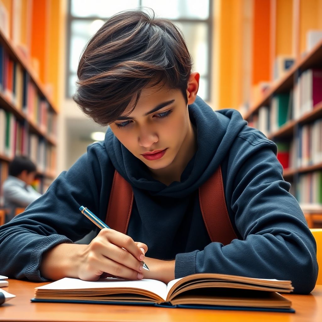 University student writing in a vibrant study environment.