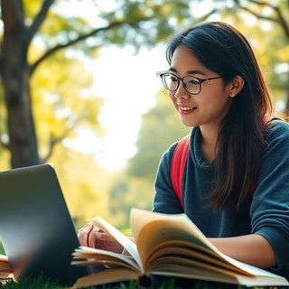 University student in a vibrant campus environment with books.