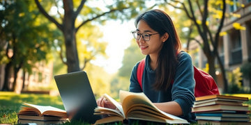 University student in a vibrant campus environment with books.