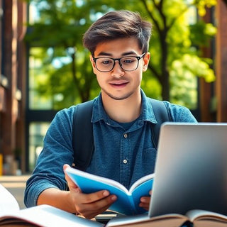 University student in a lively campus setting with books.