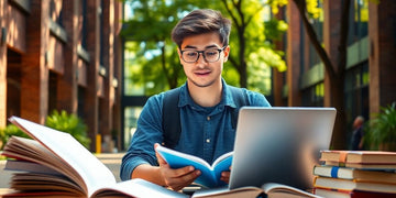 University student in a lively campus setting with books.