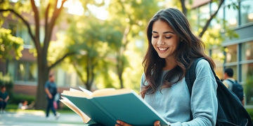 University student studying in a lively campus environment.