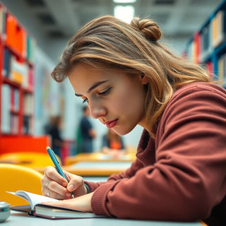 University student writing in a vibrant study environment.