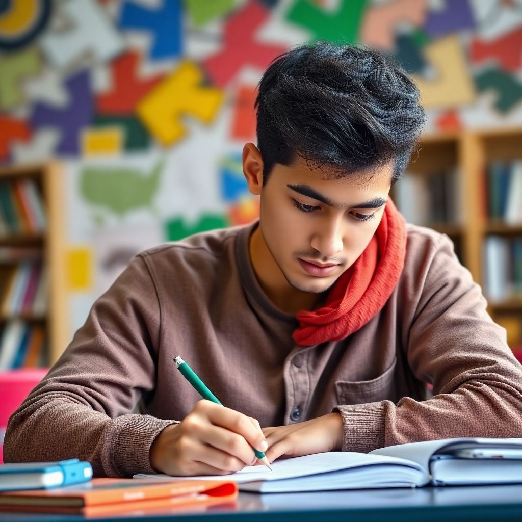 Estudiante universitario escribiendo en un ambiente vibrante.