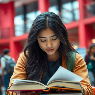 University student reading in a vibrant, colorful setting.