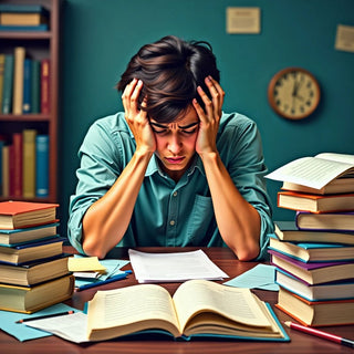 Stressed student surrounded by thesis materials.