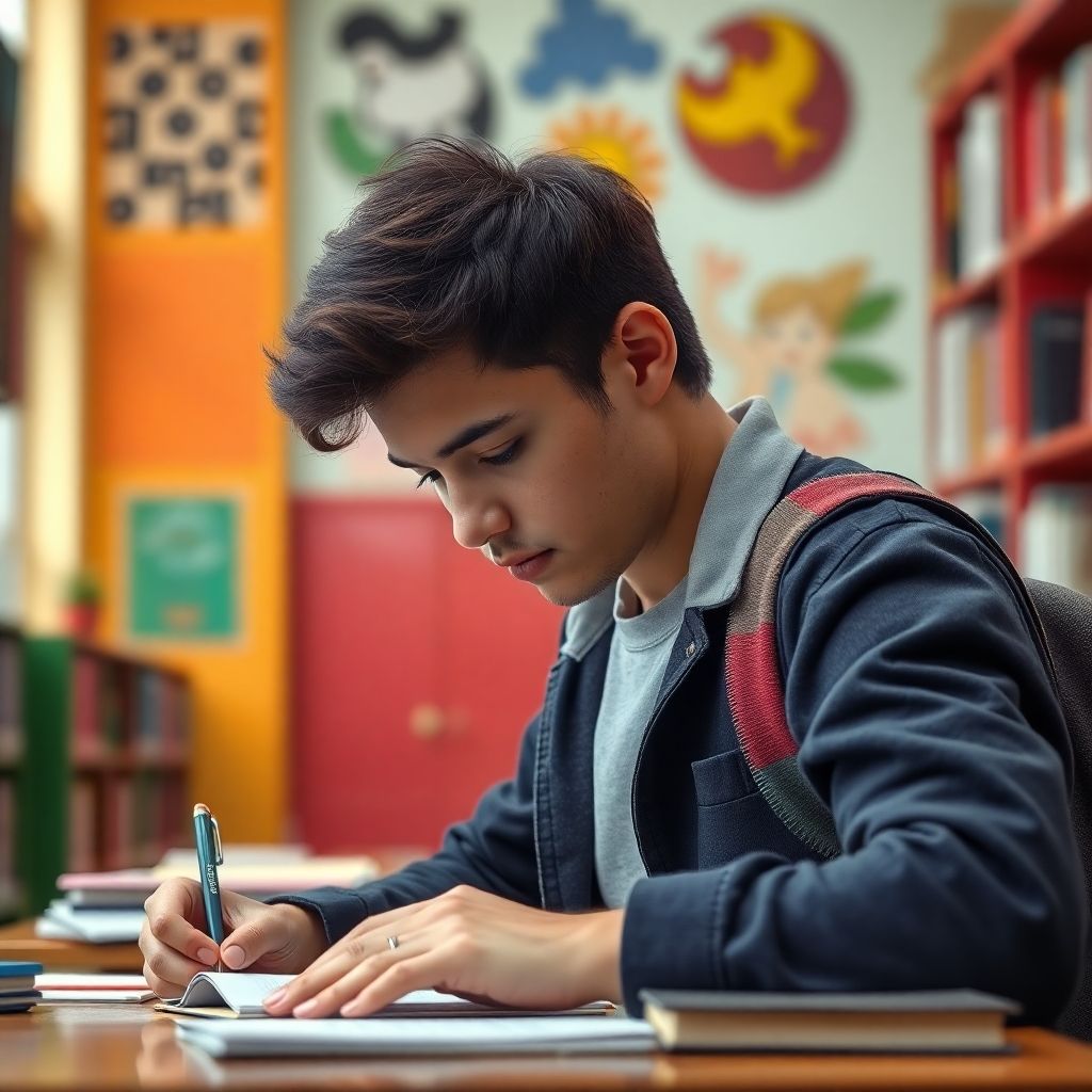 University student writing in a vibrant study environment.