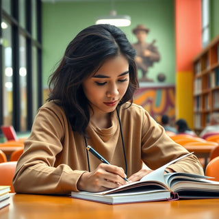 Estudante universitário escrevendo em um ambiente vibrante.
