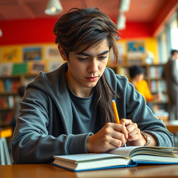 University student writing in a vibrant study environment.