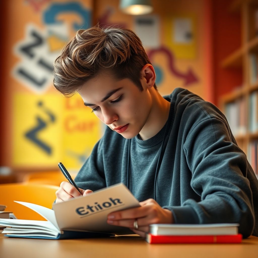 University student writing in a vibrant study environment.