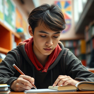 University student writing in a vibrant study environment.