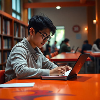 University student focused on writing in a colorful setting.