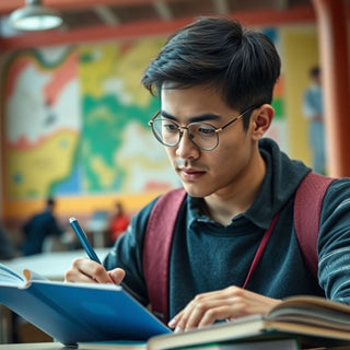 Estudante universitário lendo em um ambiente vibrante.