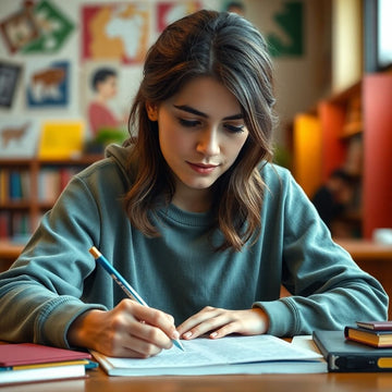 University student writing in a vibrant study environment.