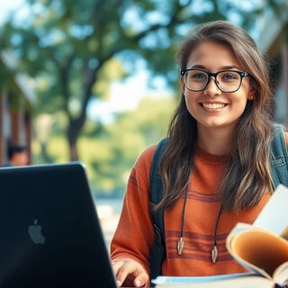 University student studying in a vibrant campus setting.