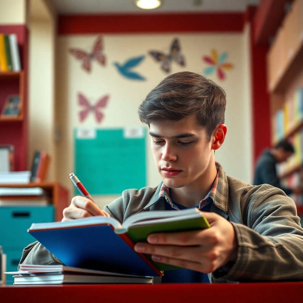 University student writing in a colorful study environment.