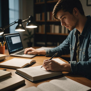 Student writing thesis with books and laptop on desk