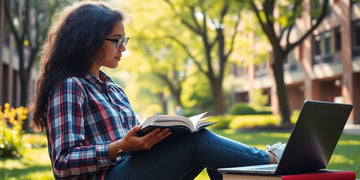 University student studying in a vibrant campus environment.