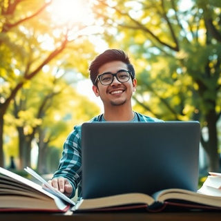 University student in a vibrant campus setting with books.