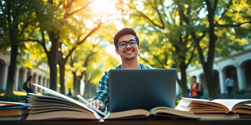 University student in a vibrant campus setting with books.