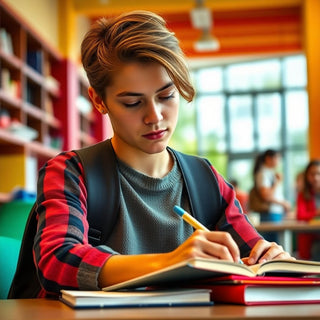 Estudante universitário escrevendo em um ambiente vibrante.