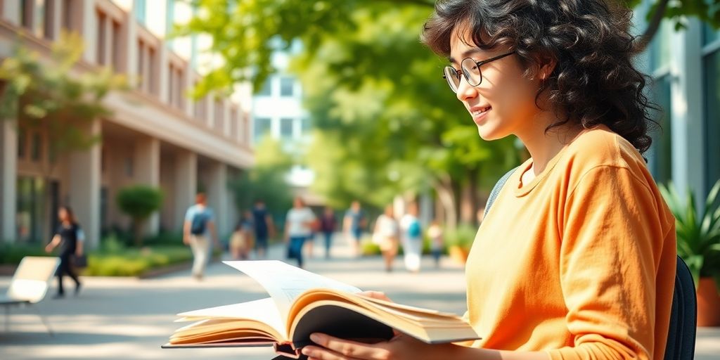 University student in a vibrant campus environment with books.