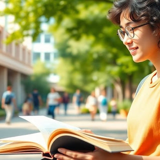 University student in a vibrant campus environment with books.