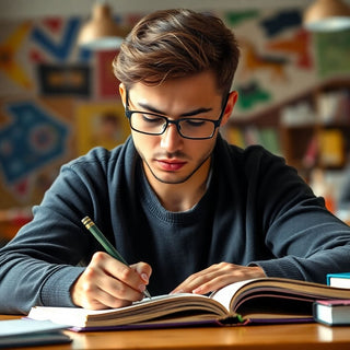 Estudiante universitario escribiendo en un entorno de estudio.