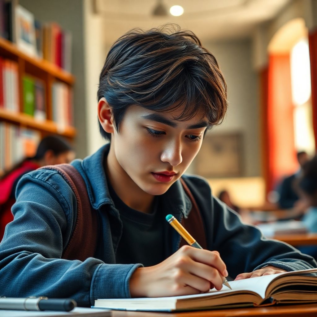 Étudiant universitaire écrivant dans un environnement coloré.