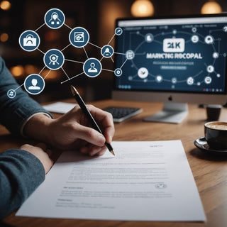 Person drafting research proposal with marketing symbols