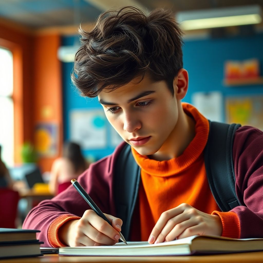 University student writing in a colorful study environment.