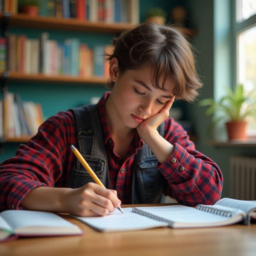 University student writing in a colorful environment.