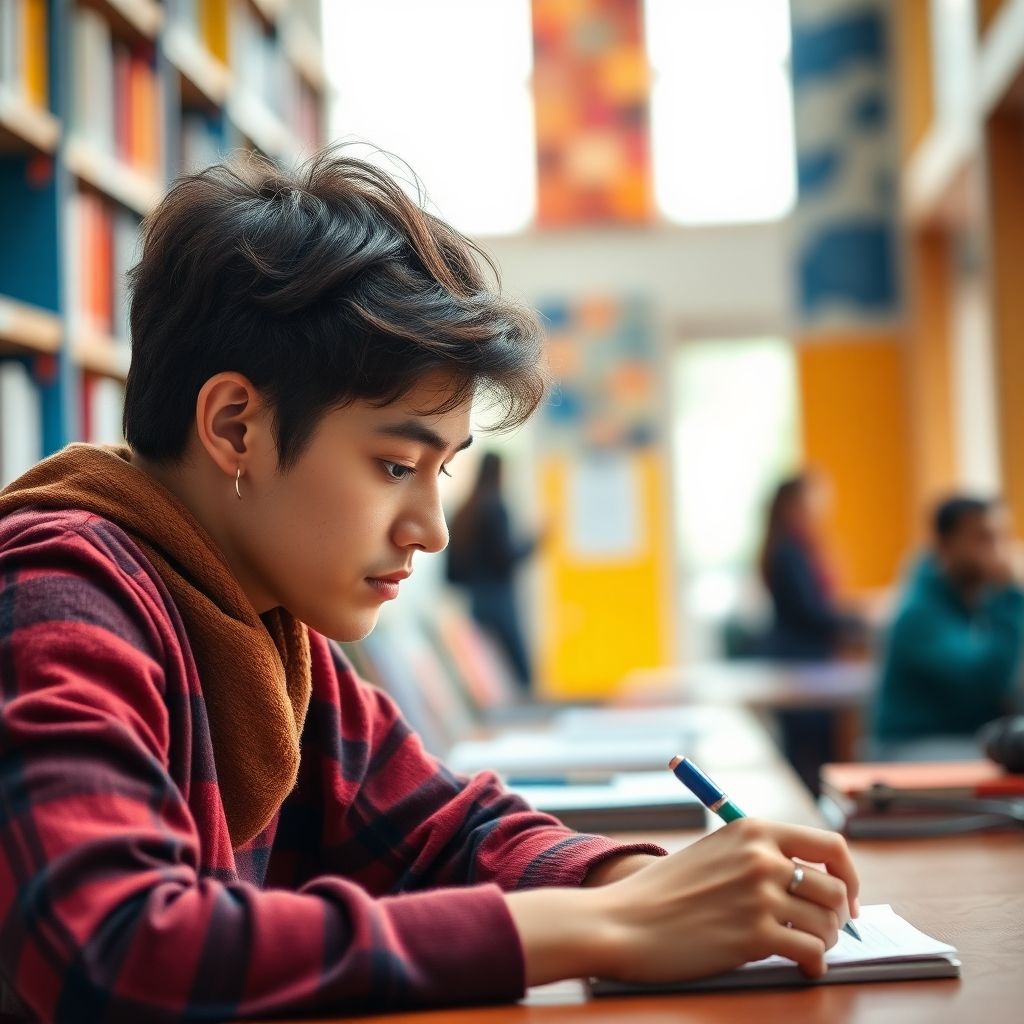 Estudiante universitario escribiendo en un entorno vibrante.