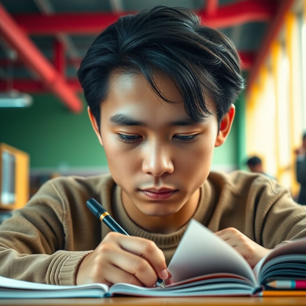 University student writing in a vibrant study environment.