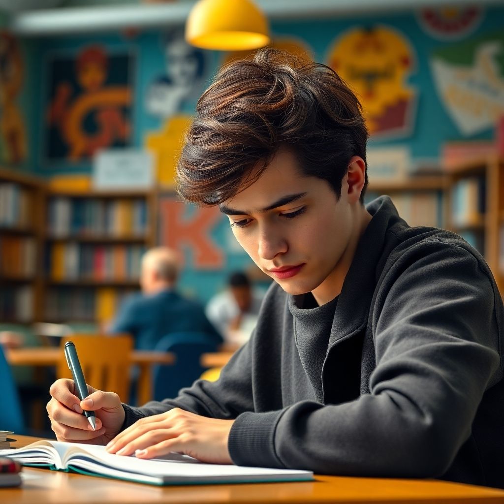 University student writing in a vibrant study environment.