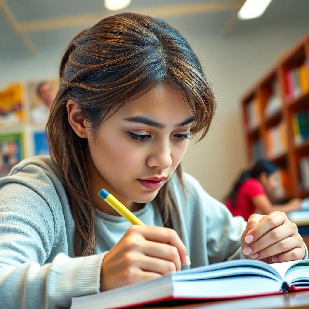 University student writing in a vibrant study environment.