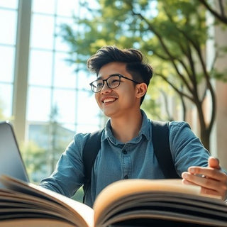 University student studying in a lively, sunlit campus.