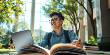 University student studying in a lively, sunlit campus.