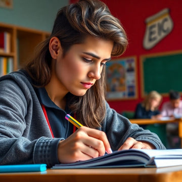 University student writing in a colorful study environment.