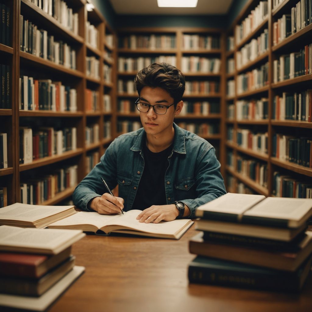 Student writing thesis surrounded by books in library