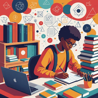 Estudiante escribiendo en el escritorio con libros y computadora portátil