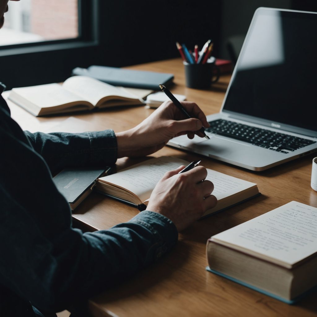 Student writing thesis with books and laptop on desk