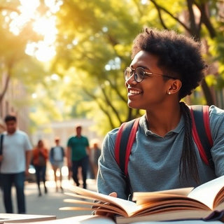 University student on vibrant campus with books and laptop.